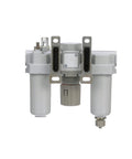 All-In-One Pneumatic Air Filter Regulator Lubricator Combo With Three-Eighths Inch NPT, metal bowl, sight glass, and gauge, front view.
