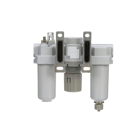 All-In-One Pneumatic Air Filter Regulator Lubricator Combo With Three-Eighths Inch NPT, metal bowl, sight glass, and gauge, front view.
