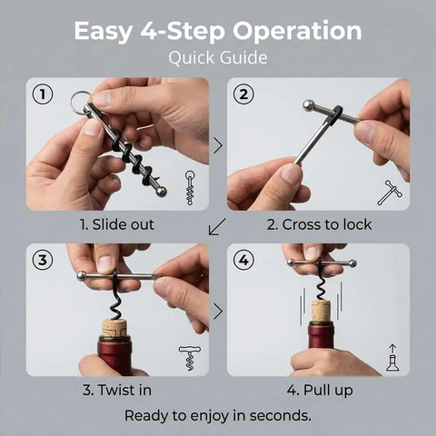 4-step guide to using Pocket Size Wine Opener Keychain With Stainless Steel Corkscrew, Waiter Style Bottle Opener, easy cork removal