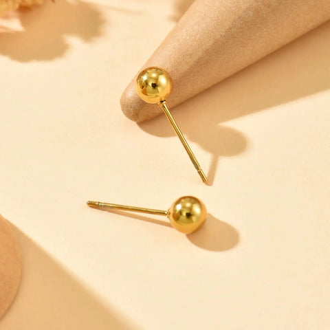 Gold Ball Stud Earrings For Women, 18K Gold Plated Stainless Steel Hypoallergenic Round Ball Studs, 2mm 3mm 4mm 5mm Size Set, Waterproof And Non Fade, Simple Yet Dope Everyday Jewelry. gold ball studs on display