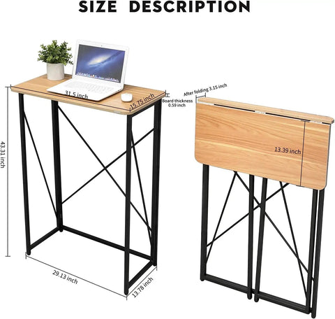 Folding Laptop Desk For Home Office 31 Inch Standing Desk No Assembly Required Easy Setup Compact Yet Sturdy Small Desk For Sitting Or Standing Anti Scratch X Frame Wood Finish Ideal For Writing And Computer Setup shown in use and folded.