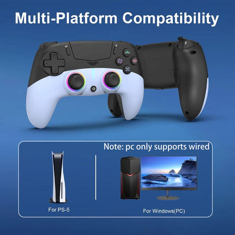 Wireless PS5 Controller With Back Buttons, Dual Vibration, 3.5mm Audio Jack, compatible with PS5 and PC, displayed on blue background