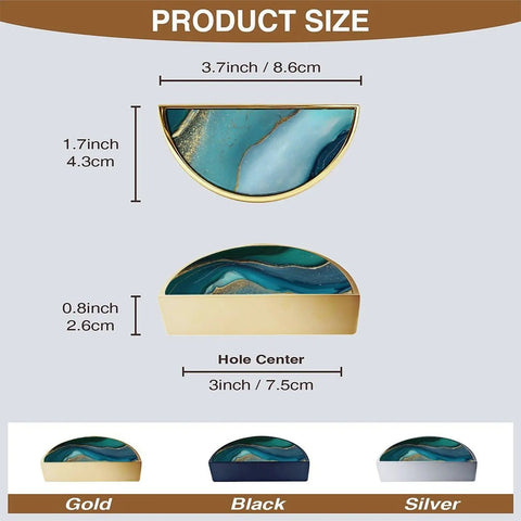 2 Pack Teal Blue And Gold Fluid Art Cabinet Pulls With 3 Inch Center Hole, Gold Semicircle Drawer Handles size guide
