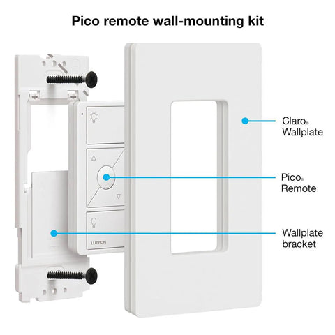 Caseta Wireless Pico Remote Wall Mount Kit For 3 Way Smart Dimmer Setups showing remote, wall plate, and bracket.