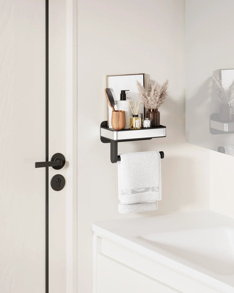 Toilet Paper Holder With Top Shelf And Phone Storage Adhesive And Screw Wall Mount Matte Black Bathroom Organizer in washroom