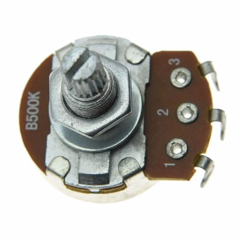 Close-up of B500K potentiometer from 5 Pack Linear Guitar Pots 500K Volume For Electric Guitars, Big 24mm Base, Long Split Shaft