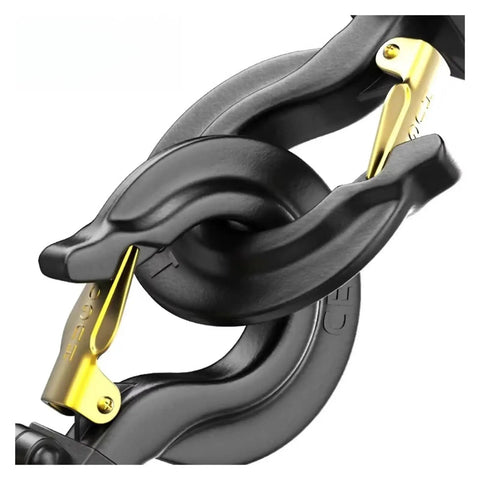 Heavy Duty Hand Pulled Hoist With Tightening Chain For 1.5 Ton Lifting Jobs, showing close-up of durable black chain link and gold connector.
