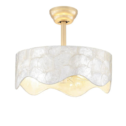 akiuzna Boho Shell Caged Ceiling Fan with Light and Remote, Fandelier featuring a decorative shell lampshade in gold finish.