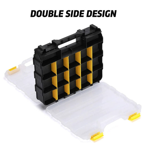 Dual Sided Tool Organizer Case With Impact Resistant Plastic 34 Compartment Hardware Box open with yellow dividers