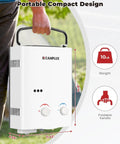 Person holding 5L Portable Tankless Water Heater for Camping and RV Off Grid Use, lightweight 10 lb with folding handle for portability.