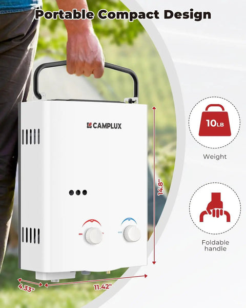Person holding 5L Portable Tankless Water Heater for Camping and RV Off Grid Use, lightweight 10 lb with folding handle for portability.