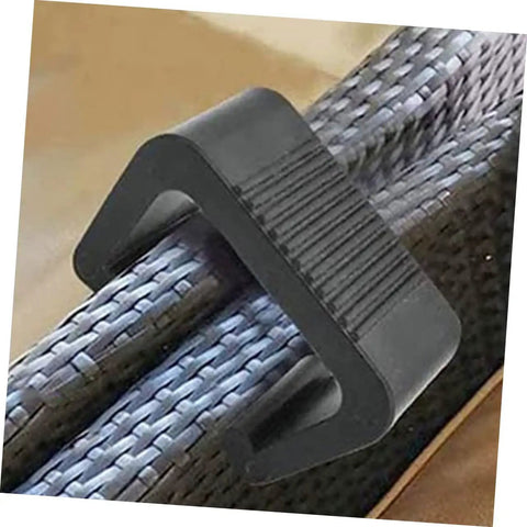 Black outdoor furniture clip securing rattan sofa sections, part of 2-pack for wicker chairs on patios. Easy install fasteners shown.
