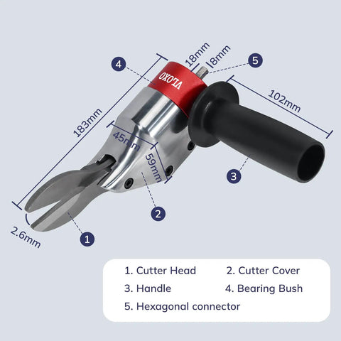 Drill Metal Shear Attachment With 360 Degree Pivoting Head For Cordless Drills, showing dimensions and parts labeled