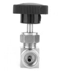 Front view of stainless steel needle valve with black knurled knob; 1/4" NPT female x 1/4" NPT female connections.