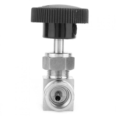 Front view of stainless steel needle valve with black knurled knob; 1/4" NPT female x 1/4" NPT female connections.