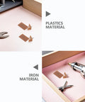 Plastic and Iron Drawer Glides with L Shaped and Rectangle Pins, repair kit in light brown, shown with tools on pink background