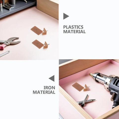 Plastic Cabinet Drawer Slides And Tack In Glides With Rectangle And L Shaped Stops on workbench with tools in drawer