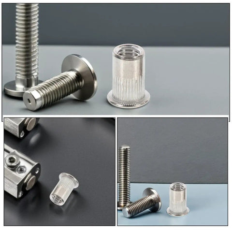 Stainless Steel Pro Grade Rivet Nut Kit 70 Pack Flat Head Threaded Inserts for Machinery, Furniture and Electronics displayed on table