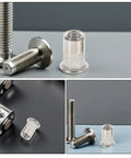 70 Piece M5 Stainless Steel Flat Head Rivet Nuts Kit with Threaded Inserts for Easy Furniture Repairs, shown in detail.
