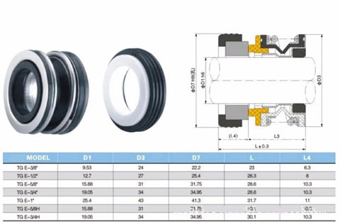 Rock Solid Ceramic Carbon Ring Mechanical Shaft Seal Kit For Self Priming Clean Water Pumps, Type E, Fits Three Eighths Inch Through One Inch Shafts, Durable Alloy Rubber Construction For Leak Free, Low Maintenance Performance, diagram with size chart