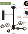 Diagram of Six Light Black Glass Globe Sputnik Chandelier For Dining Room And Living Room, with adjustable hanging height.