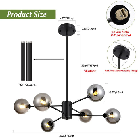Diagram of Six Light Black Glass Globe Sputnik Chandelier For Dining Room And Living Room, with adjustable hanging height.