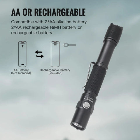 AA USB C Rechargeable Flashlight, 1018 Lumens Cool White Beam, 167 Meter Throw, Dual Switch, IPX8 Waterproof, battery options