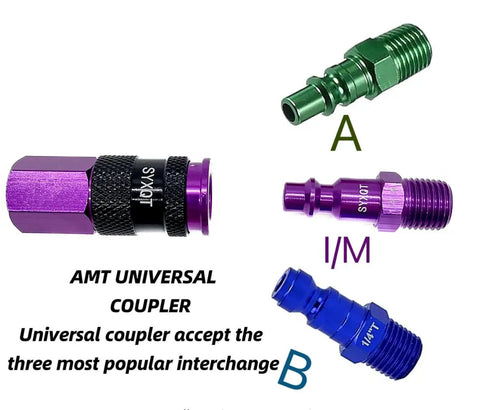 One Quarter Inch Air Hose Fittings Quick Connect Kit, Fifteen Piece Air Coupler And Plug Set with purple, green, blue connectors