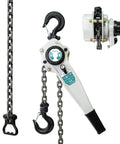 Front view of white TOYO lever chain hoist, 3500 lb capacity, 20 ft chain, alloy steel G80 chain