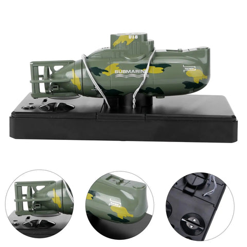 Remote Control Submarine Toy Boat With Rechargeable Battery Dive And Rotate Function Dark Green Military Style Mini RC Submarine For Pool Bath Ocean Play For Pool And Bath Time Fun, side view with controller and details.