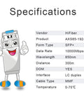 Front view of HiFiber SFP+ MMF LC duplex transceiver, 10GBase-SR, 850nm, 300m, DOM