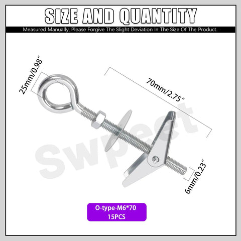 15 Piece M6x70mm Eye Bolt Toggle Bolt Kit With Wing Nuts Hex Nuts And Washers showing size dimensions