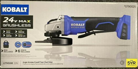 Box of 5 Inch Cordless Angle Grinder With 24V Max Battery Power, featuring blue handle and brushless motor design