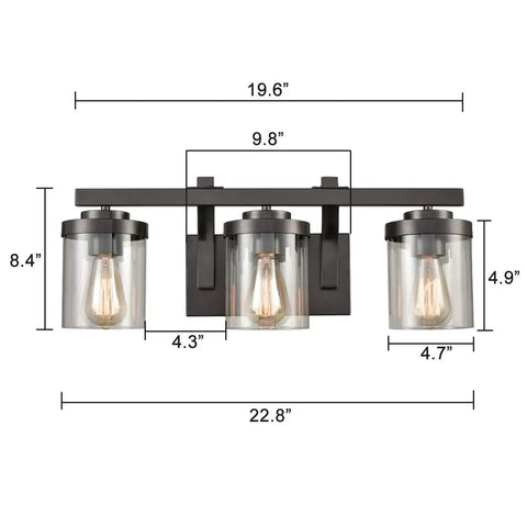Oil Rubbed Bronze 3 Light Bathroom Vanity Light Fixture With Clear Glass Shades showing dimensions and industrial design
