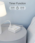 Smart Power Strip With USB Ports And 3 Individually Controlled Outlets, Surge Protector, on nightstand with timer function displayed