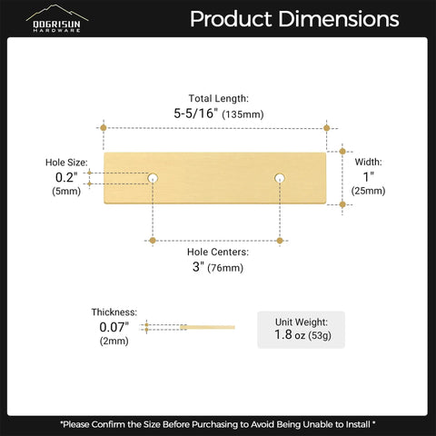 Rock Solid 5 Pack Brass Cabinet Drawer Pull Backplates Featuring 3 Inch Hole Centers With A Legit Brushed Finish That Definitely Will Not Chip Or Peel On Wood Surfaces, including detailed dimensions.