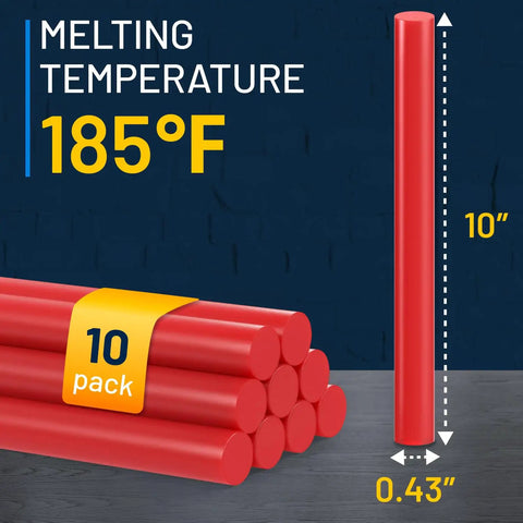 Monstrous Red PDR Glue Sticks Ten Pack for Paintless Dent Repair, 10-inch x 0.43-inch, melts at 185°F