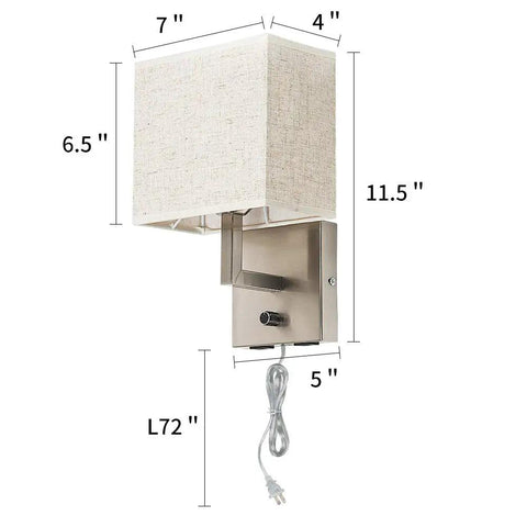 Bedside Wall Mount Lamp With Dimmer Switch And Dual USB Ports, Linen Fabric Shade Wall Sconce, Satin Nickel, Dimensions Shown