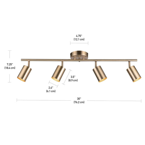 Pratt 4 Light Track Lighting In Matte Brass Gold With Pivoting Heads For Modern Glam Illumination, dimensions shown
