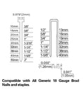 Diagram showing nail and staple sizes for 2 In 1 18 Gauge Pneumatic Brad Nailer And Narrow Crown Stapler for Trim Work Baseboards.