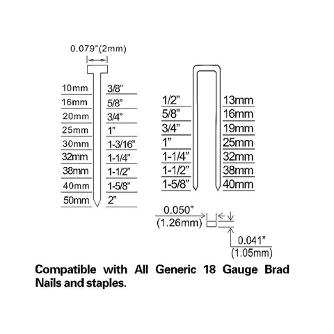 Diagram showing nail and staple sizes for 2 In 1 18 Gauge Pneumatic Brad Nailer And Narrow Crown Stapler for Trim Work Baseboards.