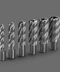 Real Deal 3/4 Inch Annular Cutter Set With Weldon Shank Includes Six Heavy Duty High Speed Steel Hole Saws For Magnetic Drills Mills And Large Drill Presses Featuring Two Inch Cutting Depth And Badass Durability - six high speed steel hole saws ranging 7/16 to 1-1/16 inches.