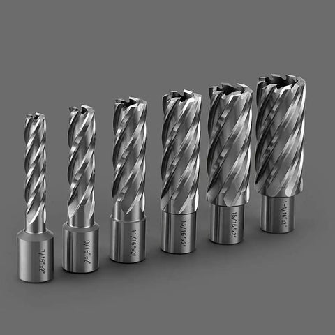 Real Deal 3/4 Inch Annular Cutter Set With Weldon Shank Includes Six Heavy Duty High Speed Steel Hole Saws For Magnetic Drills Mills And Large Drill Presses Featuring Two Inch Cutting Depth And Badass Durability - six high speed steel hole saws ranging 7/16 to 1-1/16 inches.