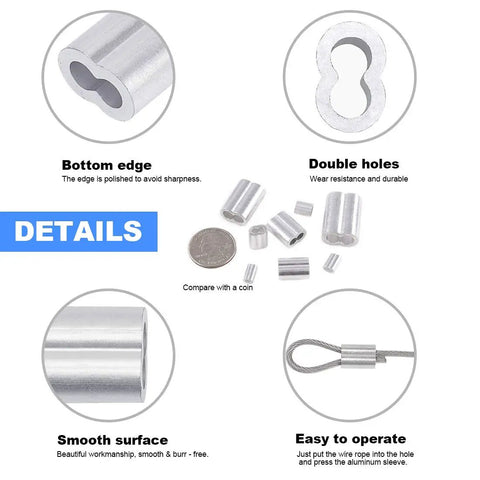 315 Piece Aluminum Crimping Loop Sleeve Ferrule Kit For Wire Rope And Cable Ends With 8 Sizes From M1.2 To M6 Durable Aluminum Construction