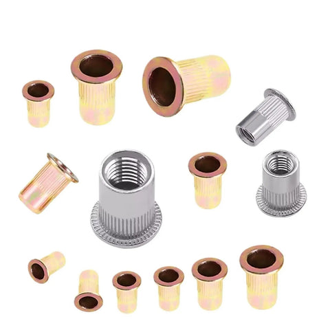 The Ultimate 900 Piece Rivet Nut Setter Gun Kit With Heavy Duty Thread Setting Tool For Easy Rivnut Installation And Fastener Repair Jobs That Are Totally Rad And Super Durable. Assorted rivet nuts in gold and silver