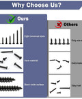 Premium Black Wood Screws Assortment Kit 250 Piece Heavy Duty Carbon Steel Fasteners showing eight sizes with black oxide surface.