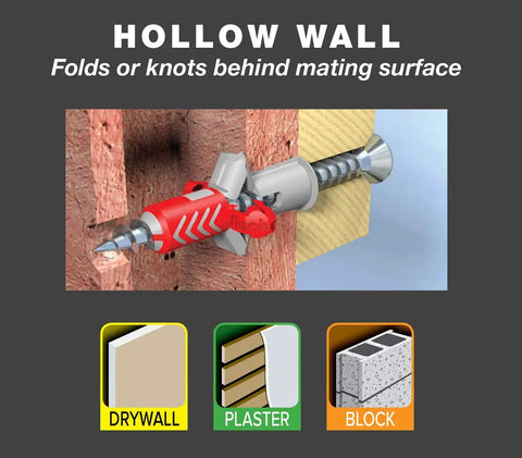 Universal Dual Action Nylon Wall Anchors For Drywall And Solid Surfaces Fits Four To Six Screw Sizes One Inch Long mounted in hollow wall