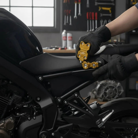Heavy Duty Motorcycle Chain Adjuster With Roller Wheel And Machined Aluminum Shell For Dead Simple Tension Setup Street Ready Smooth Cruising Blue Anodized tool being installed on a bike.