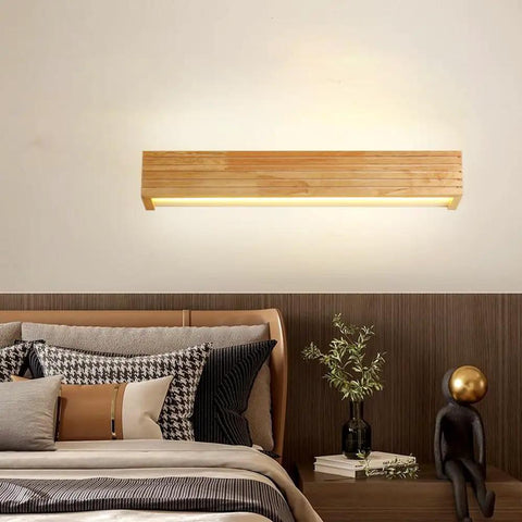Hardwired Wood Led Wall Sconce,Modern Minimalist Rectangle Vanity Light,Updown 6000k for Living Room Bedroom Hallway (55cm) above a bed.