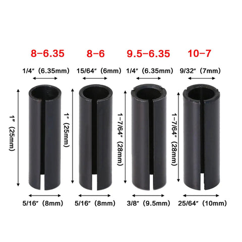 Heavy Duty Adapter Collet Shank For Engraving Machine Router Bits Wood Cutter Tool With Anti Kickback Design showing sizes and dimensions.